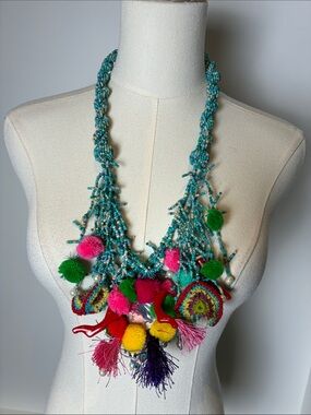 Boho Pom-Pom Beaded Statement Necklace - Turquoise & Multicolor